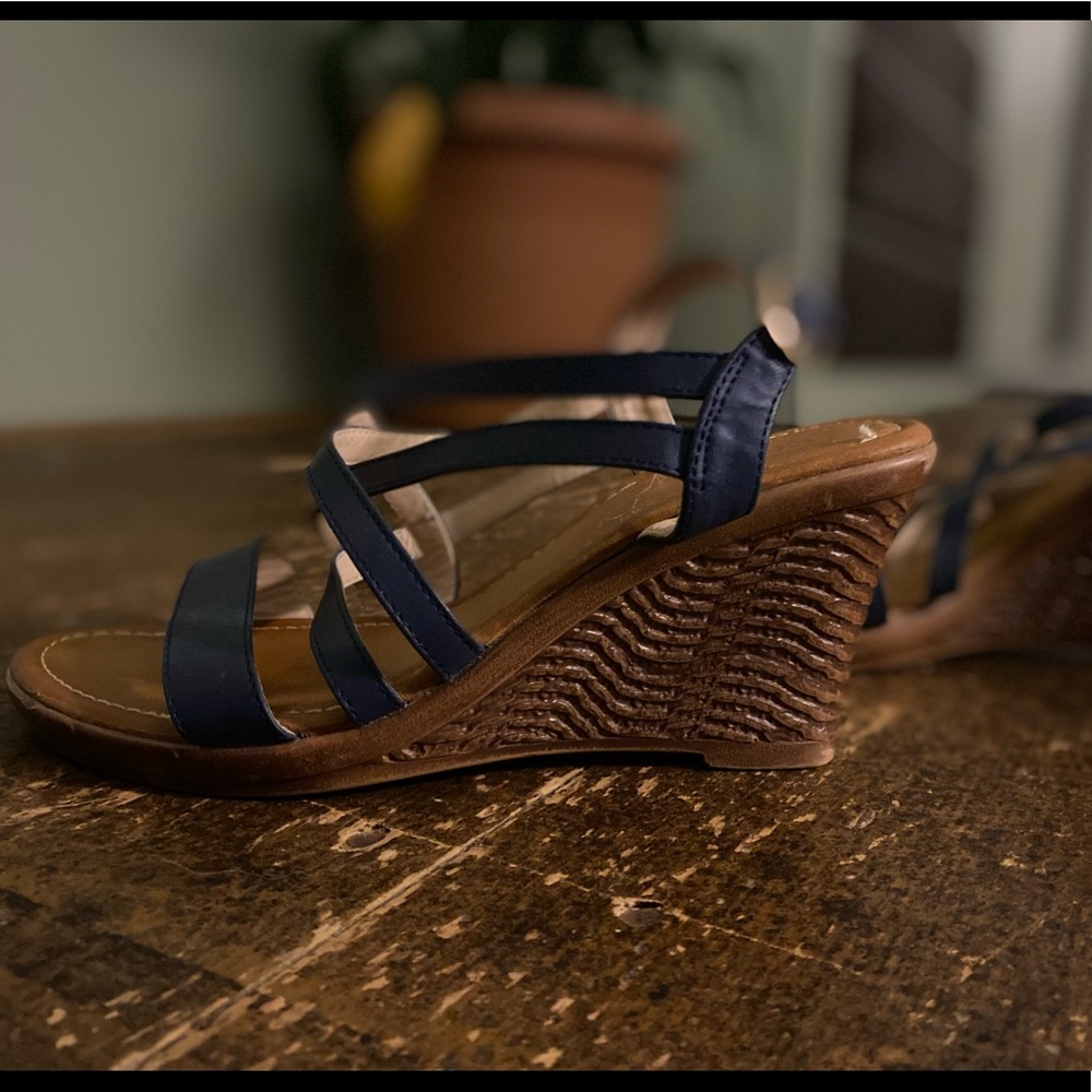 Blue wedge sandals